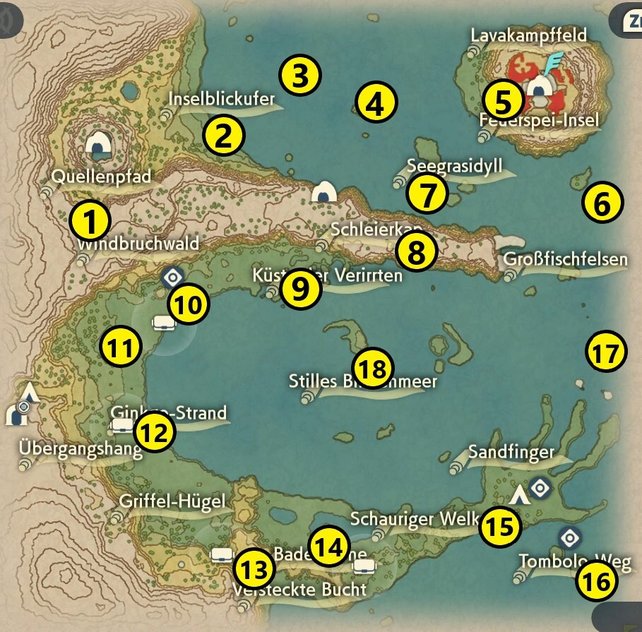 Die Karte zeigt euch die Fundorte der Elite-Pokémon im Kobalt-Küstenland.