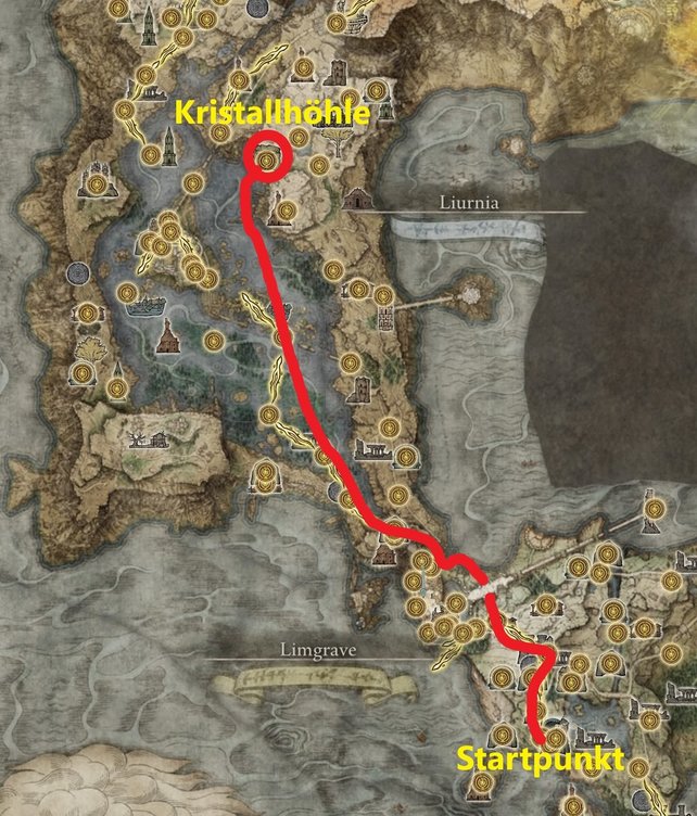 Die Karte zeigt euch den Weg vom Startpunkt bis zum Dungeon, wo ihr die Klangperle (1) bekommt.