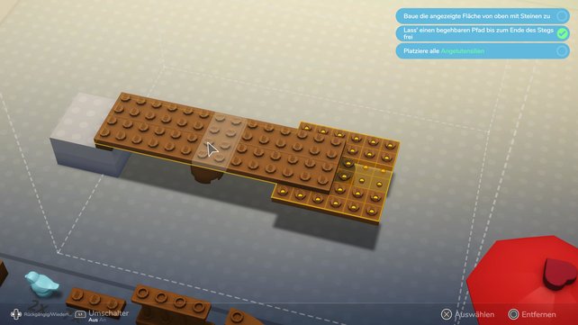 Baut in dieser Form den Steg, damit ihr die gelbe Fläche danach erreichen könnt. (Quelle: Screenshot spieletipps.de)