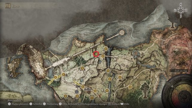 Die Karte zeigt euch den Fundort der Todberührten Katakomben in Elden Ring. (Quelle: Screenshot spieletipps)
