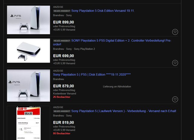 Auf Ebay wird die PS5 bereits sündhaft teuer weiterverkauft. Von solchen Angeboten solltet ihr euch aber fernhalten. Quelle: Ebay.