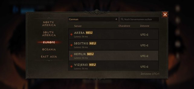 In Diablo Immortal könnt ihr nach Regionen und Sprachen filtern, um den idealen Server für euch zu finden. (Bildquelle: Screenshot spieletipps)