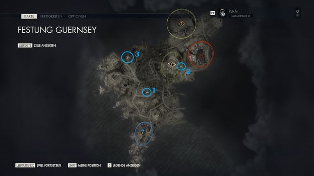 Sucht die blauen Markierungen auf, um alle Werkbänke in der Mission "Festung Guernsey" zu finden. (Quelle: spieletipps.de)