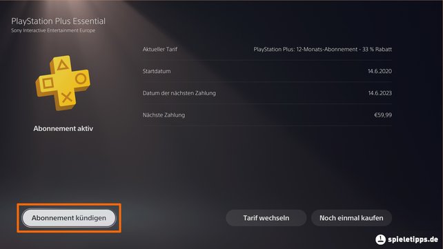 Hier seht ihr, wo sich der Button im Menü der PS5 befindet, mit dem ihr euer PlayStation-Plus-Abo kündigen könnt. (Quelle: Screenshot spieletipps.de)