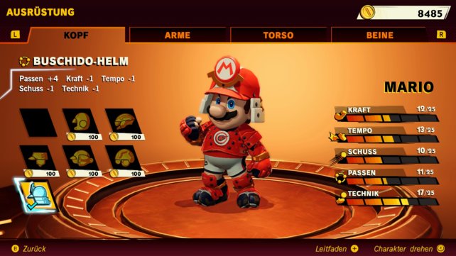 Die Buschido-Ausrüstung gehört zu den wenigen Dingen, die ihr in Mario Strikers: Battle League Football freischalten könnt. (Quelle: Screenshot spieletipps)