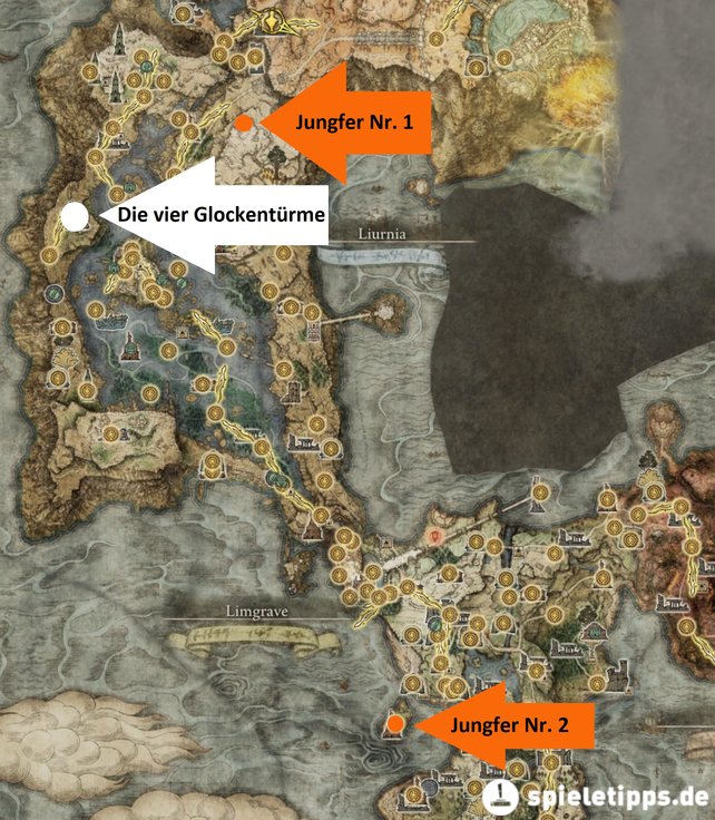 Auf dieser Karte sind Fundorte der Jungfern eingezeichnet, von denen Varré in seiner Quest spricht. Der weiße Fundort zeigt euch den Zugang zur Jungfer Nr. 2. (Quelle: Screenshot spieletipps)