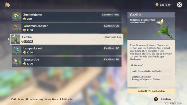 Flora bietet euch wöchentlich fünf Cecilias an. (Screenshot Spieletipps)