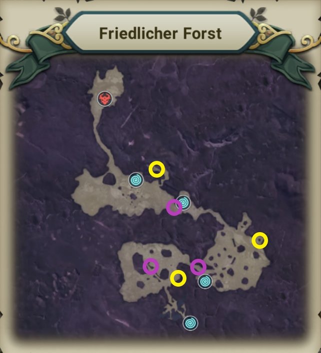 Schatzkisten (Gelb) und Aussichtspunkte (Lila) im friedlichen Forst (Quelle: Screenshot spieletipps).