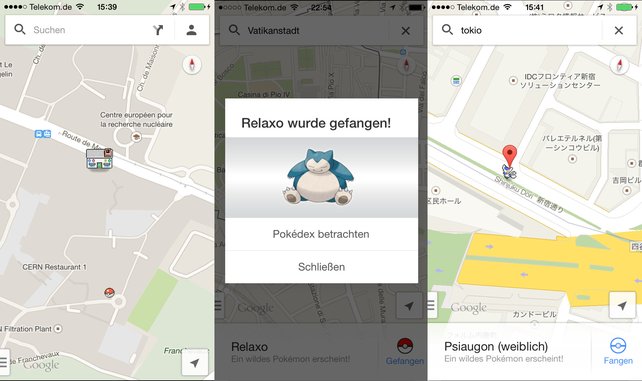 Die drei Bilder zeigen, wie so ein Pokémon auf Google Maps aussieht und den gefangenen Relaxo.