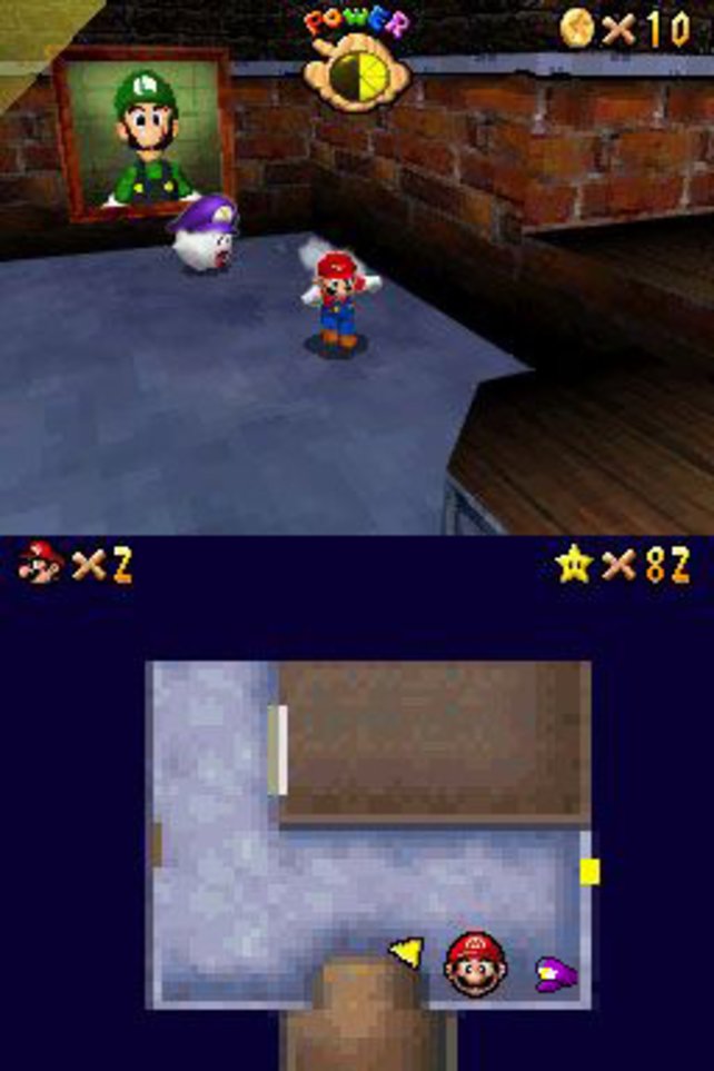 Luigi beäugt Mario aus dem Bilderrahmen. Und Mario flitzt durch die dreidimensionale Spielwelt.