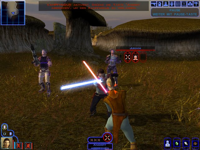 Ihr könnt die Kämpfe in Knights of the Old Republic pausieren, um eure nächsten Angriffe strategisch zu planen.