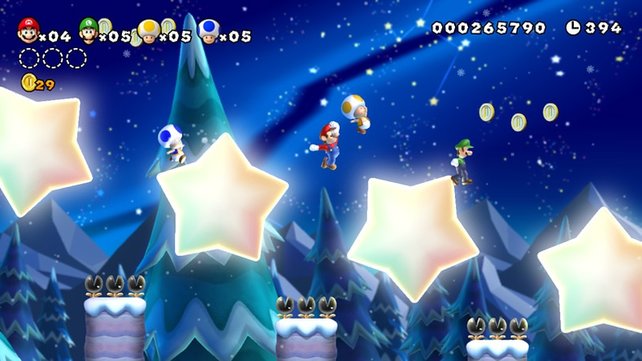 Die Sterne in New Super Mario Bros. U sind knifflig: Springt ihr auf sie, drehen sie sich physikalisch korrekt.