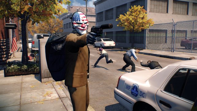 Mit der Clownsmaske ausgerüstet geht ihr in Payday 2 auf Raubzug.