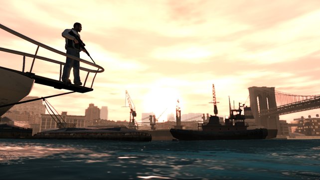 Vom Schiff habt ihr einen tollen Ausblick auf den Hafen von New York C... äh Liberty City.