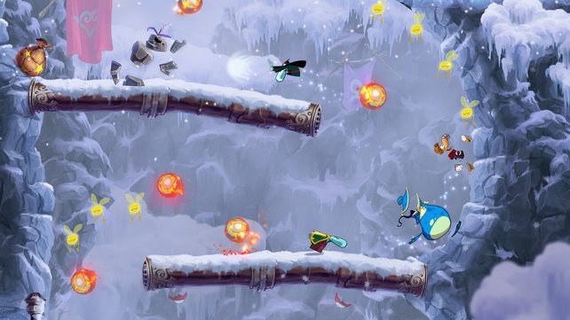 Rayman (gelbe Haare) und Globox (blaue Kreatur) reisen neben dem Dschungel auch durch Winter- und Unterwasserwelten.