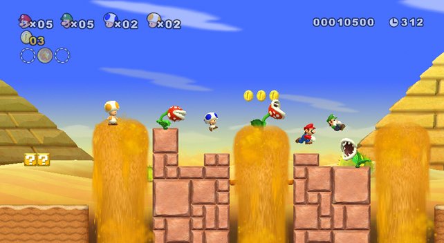 New Super Mario Bros. Wii könnt ihr kooperativ mit drei Freunden spielen.