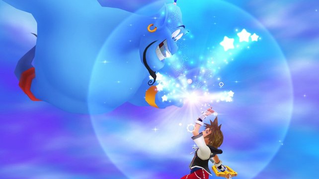 Schnell abgeklatscht, dann geht es los! Dschinnie ist einer der stärksten Verbündeten in Kingdom Hearts.