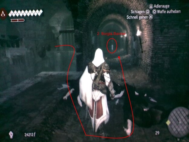 Das hat man davon wenn man sich zwischen Ezio und das Banner stellt! (Bildquelle: Screenshot spieletipps.de)