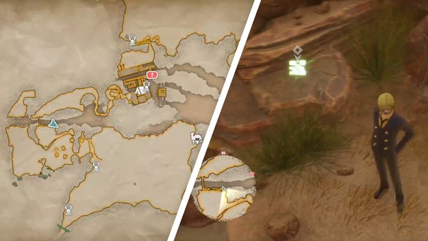 Ein Würfelfragment von Sanji liegt unten an der Klippe im Westen der Wüste. Ihr könnt an Ranken nach unten klettern. (Bildquelle: Screenshot spieletipps)