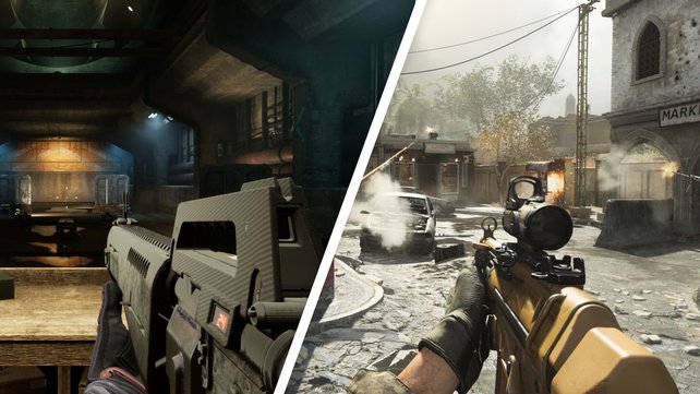 Links ist der aktuelle Stand von DrDisrespects Deadrop zu sehen, rechts Call of Duty Modern Warfare aus dem Jahr 2019. (Bild: Midnight Society // Activision)