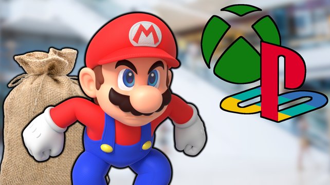 Ob sich Mario von Xbox und PlayStation in die Ecke gedrängt fühlt? (Bild: Nintendo, Microsoft, Sony, Getty Images / wxin, Jamakosy)