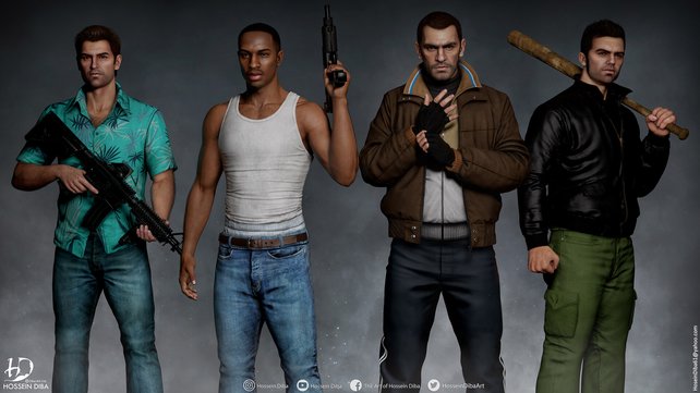 So könnten die GTA-Helden im Remaster aussehen: Tommy Vercetti, Carl Johnson, Niko Bellic und Claude. Bildquelle: ArtStation/Hossein Diba