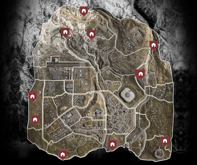 Das sind die Fundorte aller Bunker in Warzone. (Bildquelle: https://mapgenie.io/cod-warzone/maps)