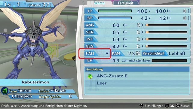 Hier könnt ihr bei Digimon Story: Hacker's Memory den Fähigkeiten-Wert sehen.