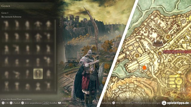 Der orange Punkt markiert den Ort, an dem ihr die Geste Bei meinem Schwerte finden werdet. (Quelle: Screenshot spieletipps)