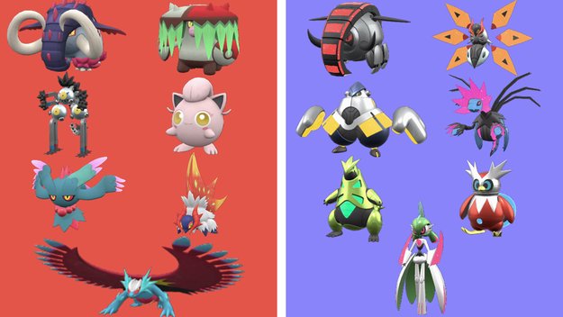 Links seht ihr die Paradox-Pokémon aus Karmesin und rechts sind die aus Purpur. (Bildquelle: Nintendo; Bearbeitung: spieletipps)