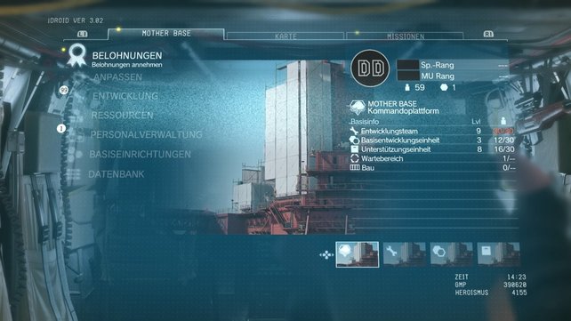 Belohnungen könnt ihr euch mit dem Idroid im Mother-Base Menü abholen