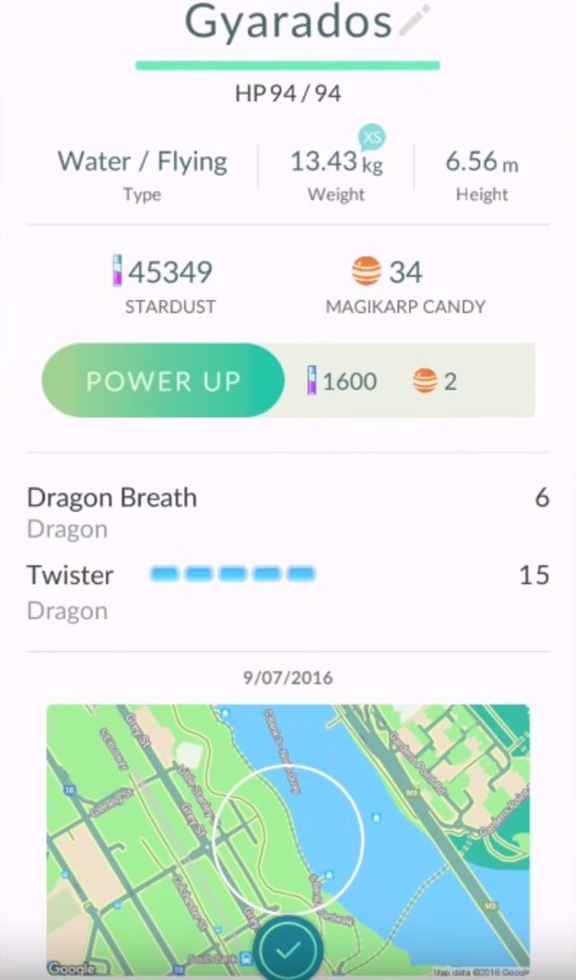 Die Werte des Garados (engl. Gyrados) Pokémon. Die Kosten für das nächste Power-Up des Pokémon, belaufen sich auf stolze 1600 Sternenstaub und zwei Bonbons.
