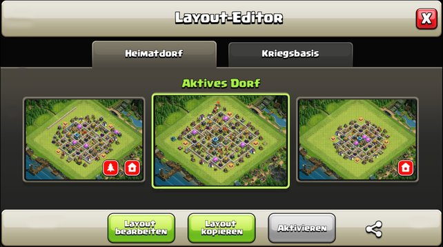 Im Layout-Editor könnt ihr eure Dörfer bearbeiten, speichern und aktivieren. (Quelle: Screenshot spieletipps.de)
