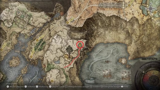 Die Karte zeigt euch den Fundort der Katakomben der Schwarzen Klingen in Elden Ring. (Quelle: Screenshot spieletipps)