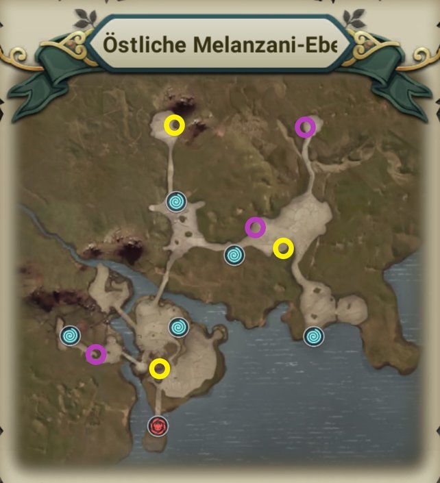 Schatzkisten (Gelb) und Aussichtspunkte (Lila) in der östlichen Melanzani-Ebene (Quelle: Screenshot spieletipps).