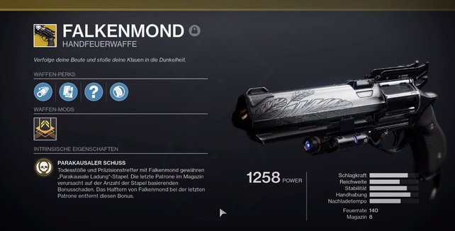 Eine beliebte Waffe aus Destiny 1: Die exotische Handfeuerwaffe namens Falkenmond.