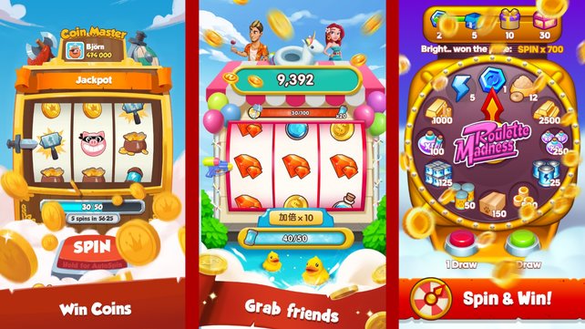 Von links nach rechts: Coin Master, Fruit Master und Coin Pet. (Bild: Google Play Store)
