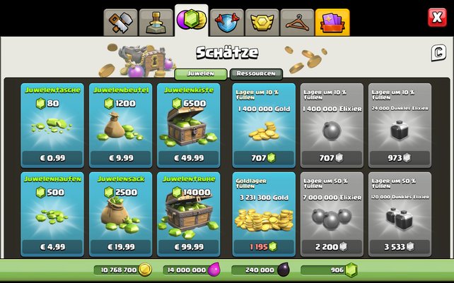 Die Juwelen und das Gold in Clash of Clans sind nicht gerade günstig. Aber auch ohne Echtgeld kommt ihr im Spiel voran. (Quelle: Screenshot spieletipps.de)