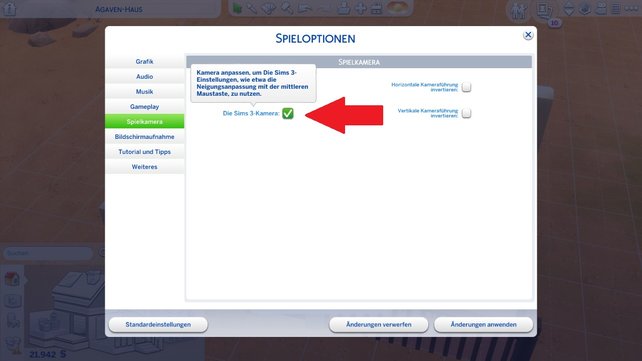 Aktiviert die Kamera-Einstellungen von Sims 3 im Menü.