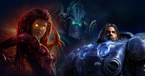 Die Rassen in StarCraft von links: Zerg, Protoss und Terraner.