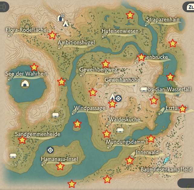 Die Karte zeigt euch die Fundorte aller Geisterlichter im Obsidian-Grasland.