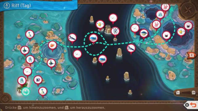 Karte mit Pokémon-Fundorten auf der Strecke „Riff (Tag)“.