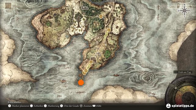 Das Großschwert der Verpflanzung bekommt ihr, wenn ihr den Boss auf Schloss Morne besiegt. Den Fundort des Kampfes markiert der orange Punkt auf der Karte. (Quelle: Screenshot spieletipps.de)