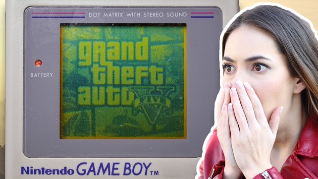 GTA 5 auf dem Game Boy – ein deutscher Bastler hat diesen Fiebertraum verwirklicht. (Bild: Rockstar Games / Getty Images – Pheelings Media / YouTube – there oughta be)